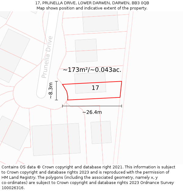 17, PRUNELLA DRIVE, LOWER DARWEN, DARWEN, BB3 0QB: Plot and title map