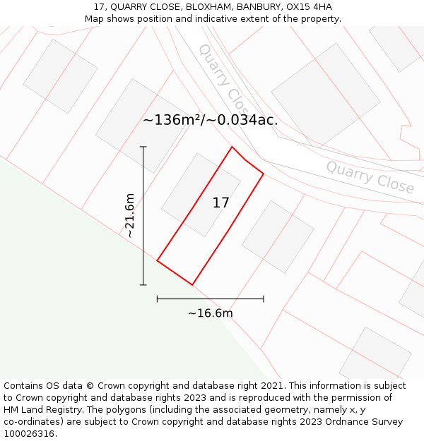 17, QUARRY CLOSE, BLOXHAM, BANBURY, OX15 4HA: Plot and title map