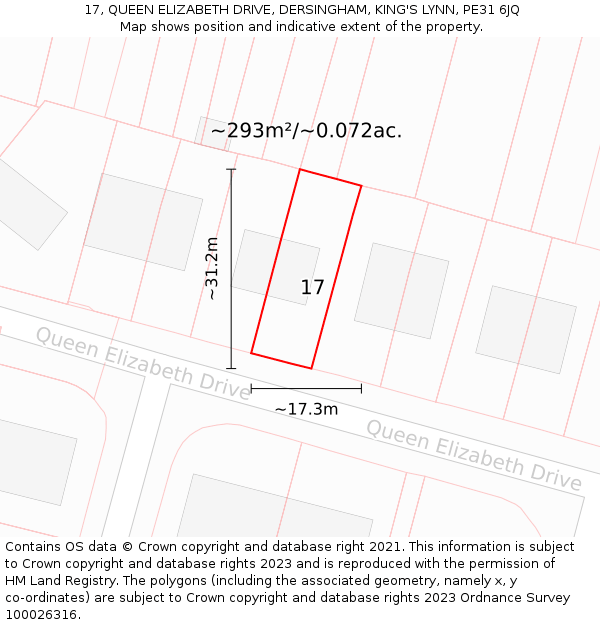 17, QUEEN ELIZABETH DRIVE, DERSINGHAM, KING'S LYNN, PE31 6JQ: Plot and title map