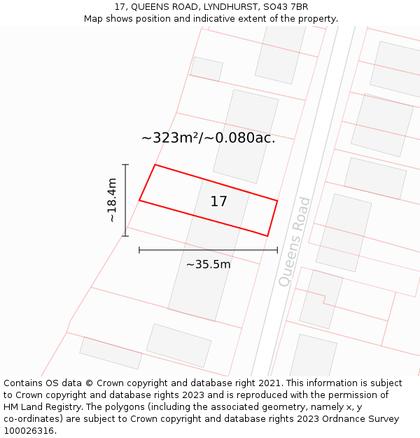 17, QUEENS ROAD, LYNDHURST, SO43 7BR: Plot and title map