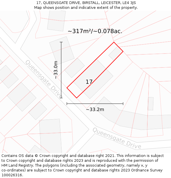 17, QUEENSGATE DRIVE, BIRSTALL, LEICESTER, LE4 3JS: Plot and title map