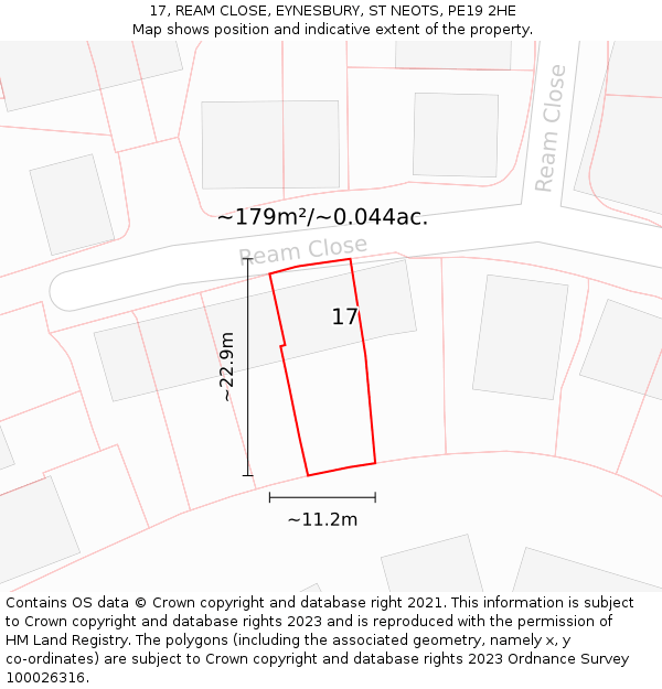 17, REAM CLOSE, EYNESBURY, ST NEOTS, PE19 2HE: Plot and title map