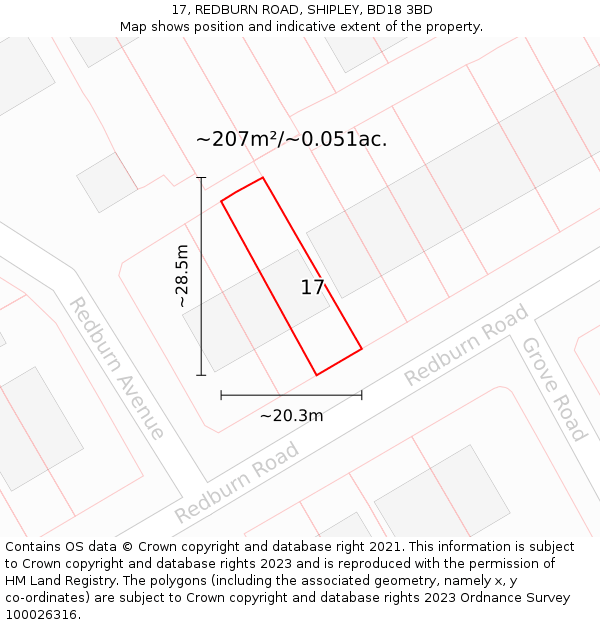 17, REDBURN ROAD, SHIPLEY, BD18 3BD: Plot and title map