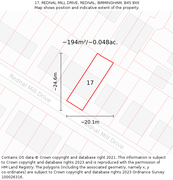 17, REDNAL MILL DRIVE, REDNAL, BIRMINGHAM, B45 8XX: Plot and title map