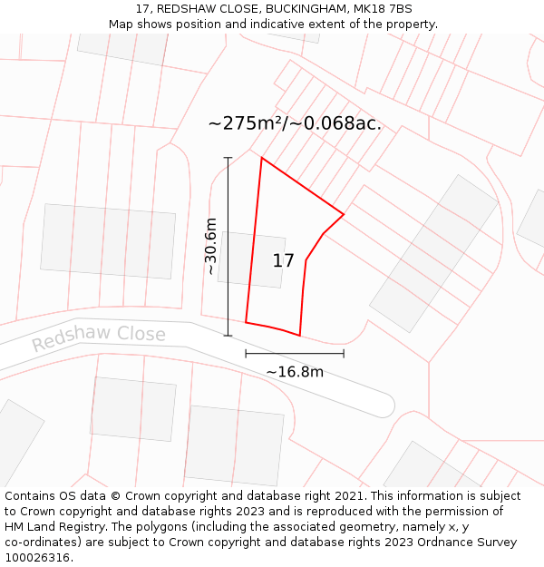 17, REDSHAW CLOSE, BUCKINGHAM, MK18 7BS: Plot and title map