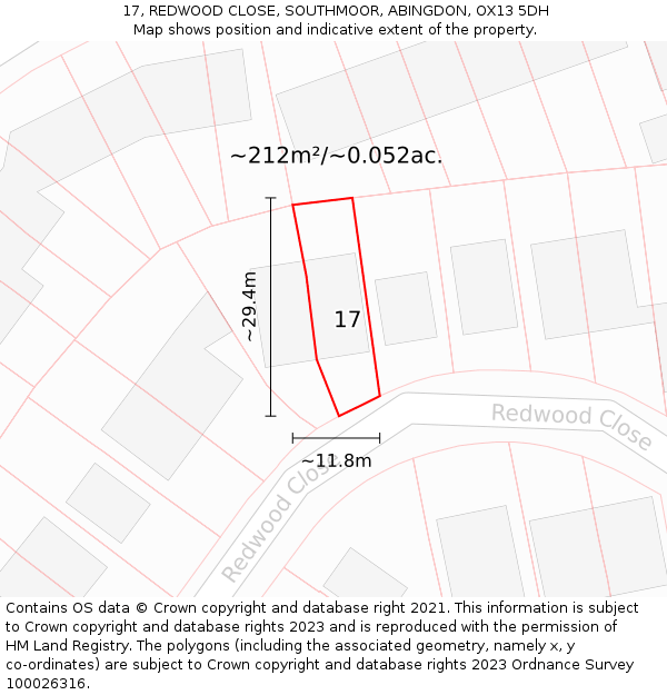 17, REDWOOD CLOSE, SOUTHMOOR, ABINGDON, OX13 5DH: Plot and title map