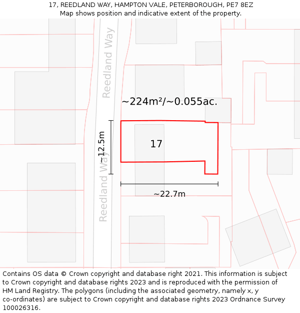 17, REEDLAND WAY, HAMPTON VALE, PETERBOROUGH, PE7 8EZ: Plot and title map