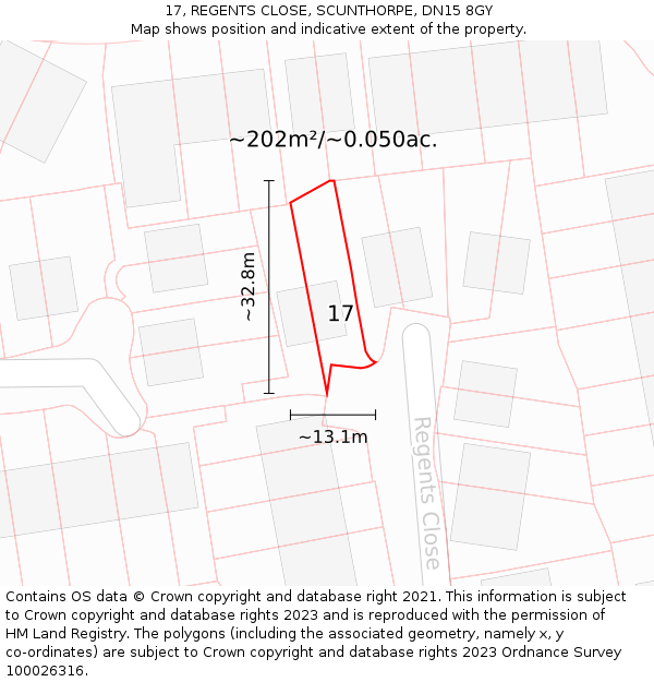 17, REGENTS CLOSE, SCUNTHORPE, DN15 8GY: Plot and title map