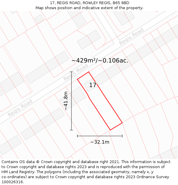 17, REGIS ROAD, ROWLEY REGIS, B65 8BD: Plot and title map