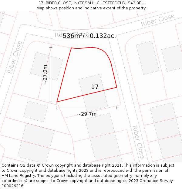 17, RIBER CLOSE, INKERSALL, CHESTERFIELD, S43 3EU: Plot and title map