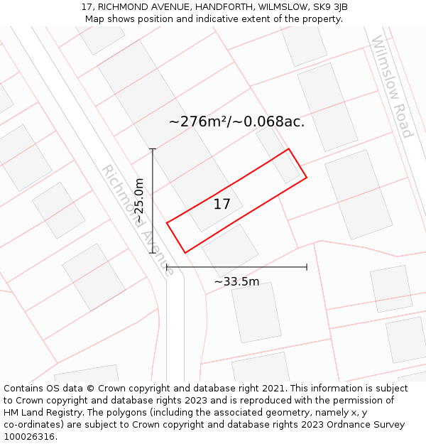 17, RICHMOND AVENUE, HANDFORTH, WILMSLOW, SK9 3JB: Plot and title map