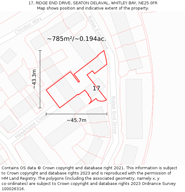 17, RIDGE END DRIVE, SEATON DELAVAL, WHITLEY BAY, NE25 0FR: Plot and title map