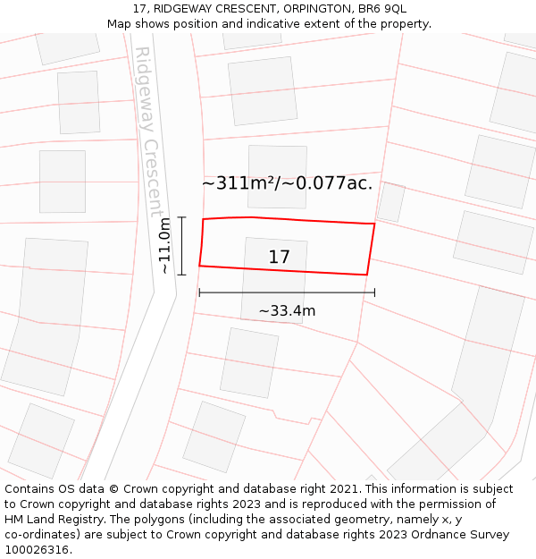 17, RIDGEWAY CRESCENT, ORPINGTON, BR6 9QL: Plot and title map