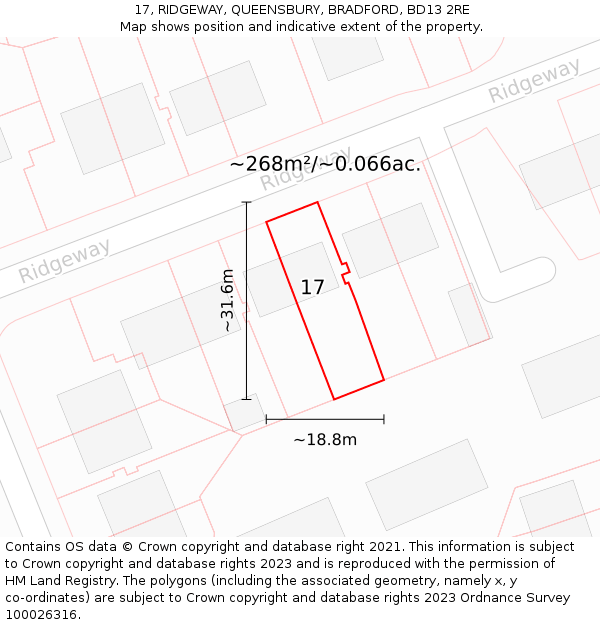 17, RIDGEWAY, QUEENSBURY, BRADFORD, BD13 2RE: Plot and title map