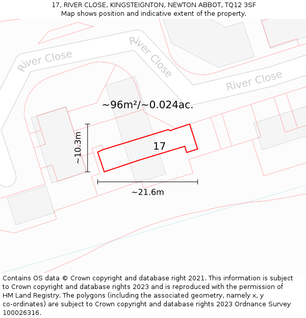 17, RIVER CLOSE, KINGSTEIGNTON, NEWTON ABBOT, TQ12 3SF: Plot and title map