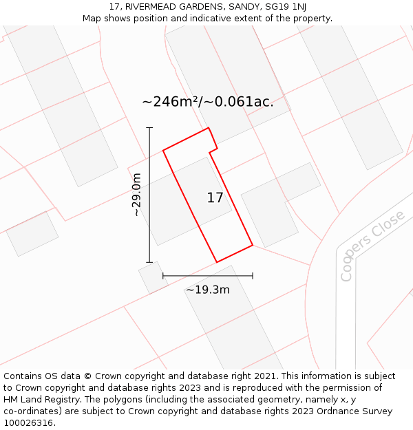 17, RIVERMEAD GARDENS, SANDY, SG19 1NJ: Plot and title map