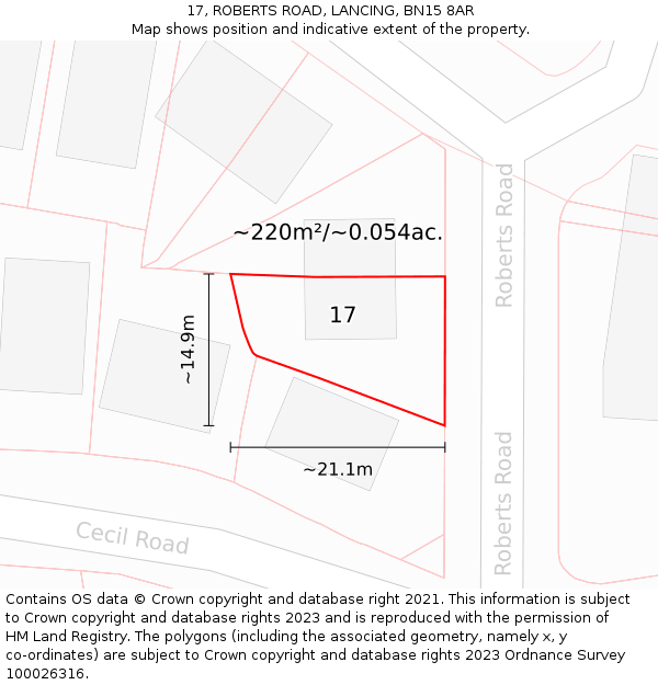 17, ROBERTS ROAD, LANCING, BN15 8AR: Plot and title map