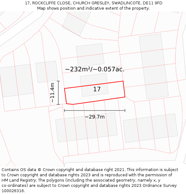17, ROCKCLIFFE CLOSE, CHURCH GRESLEY, SWADLINCOTE, DE11 9FD: Plot and title map