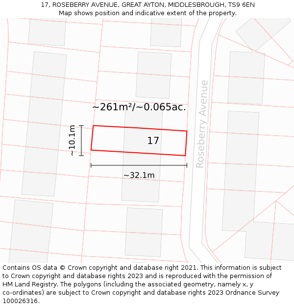 17, ROSEBERRY AVENUE, GREAT AYTON, MIDDLESBROUGH, TS9 6EN: Plot and title map