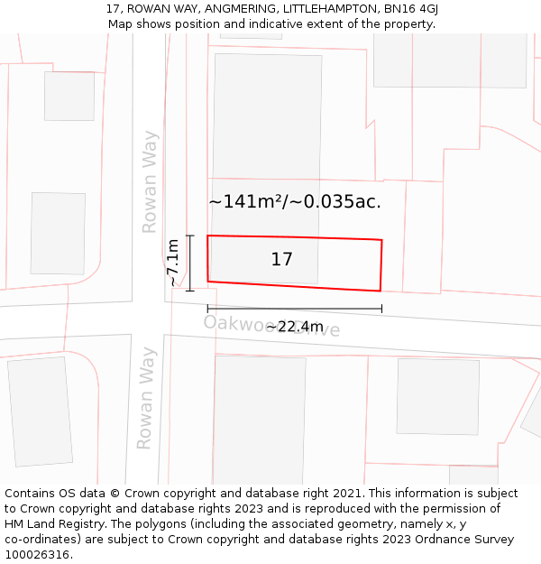 17, ROWAN WAY, ANGMERING, LITTLEHAMPTON, BN16 4GJ: Plot and title map