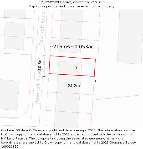 17, ROWCROFT ROAD, COVENTRY, CV2 2BB: Plot and title map
