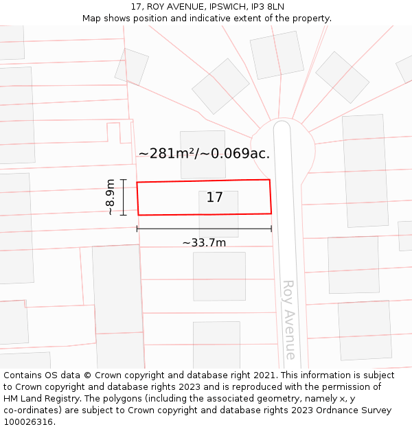 17, ROY AVENUE, IPSWICH, IP3 8LN: Plot and title map