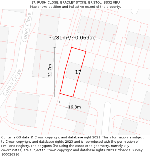 17, RUSH CLOSE, BRADLEY STOKE, BRISTOL, BS32 0BU: Plot and title map