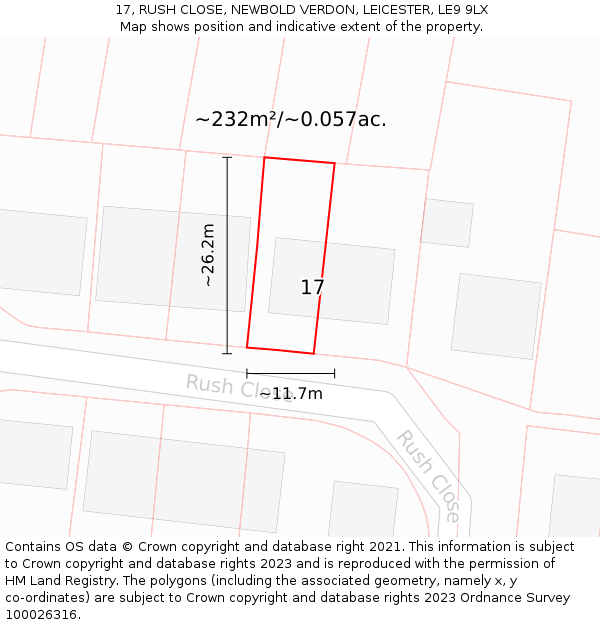 17, RUSH CLOSE, NEWBOLD VERDON, LEICESTER, LE9 9LX: Plot and title map