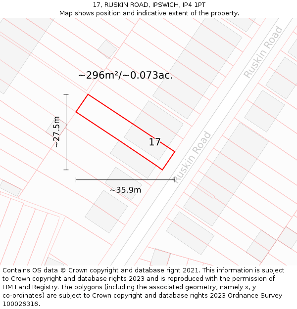 17, RUSKIN ROAD, IPSWICH, IP4 1PT: Plot and title map