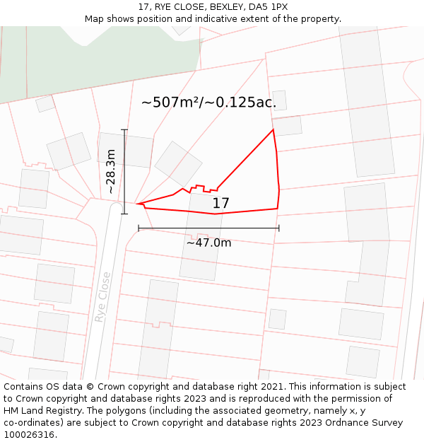 17, RYE CLOSE, BEXLEY, DA5 1PX: Plot and title map