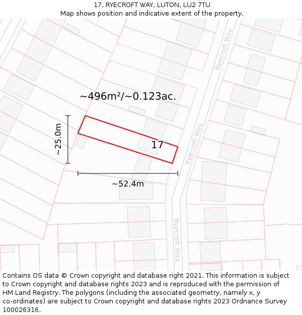 17, RYECROFT WAY, LUTON, LU2 7TU: Plot and title map