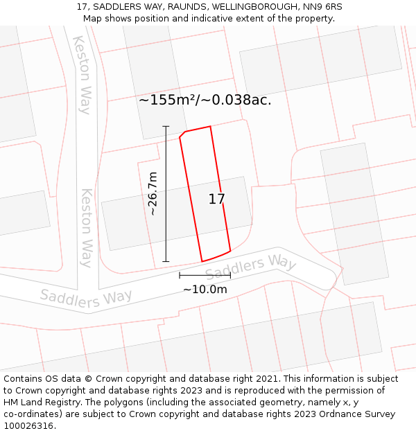 17, SADDLERS WAY, RAUNDS, WELLINGBOROUGH, NN9 6RS: Plot and title map