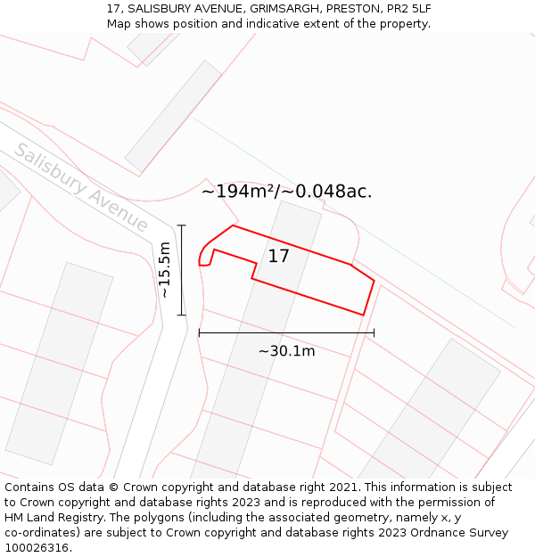 17, SALISBURY AVENUE, GRIMSARGH, PRESTON, PR2 5LF: Plot and title map