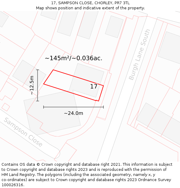 17, SAMPSON CLOSE, CHORLEY, PR7 3TL: Plot and title map