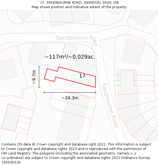 17, SANDBOURNE ROAD, SWINDON, SN25 1RE: Plot and title map