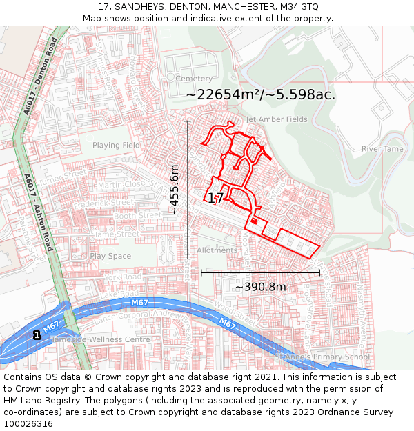 17, SANDHEYS, DENTON, MANCHESTER, M34 3TQ: Plot and title map
