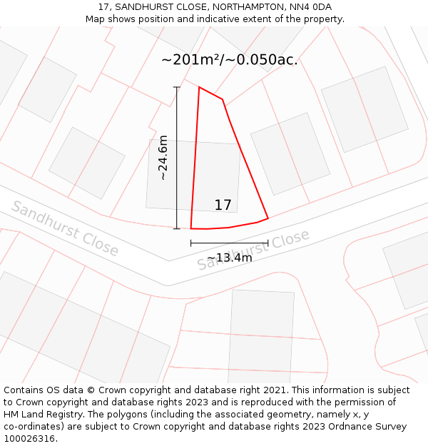 17, SANDHURST CLOSE, NORTHAMPTON, NN4 0DA: Plot and title map