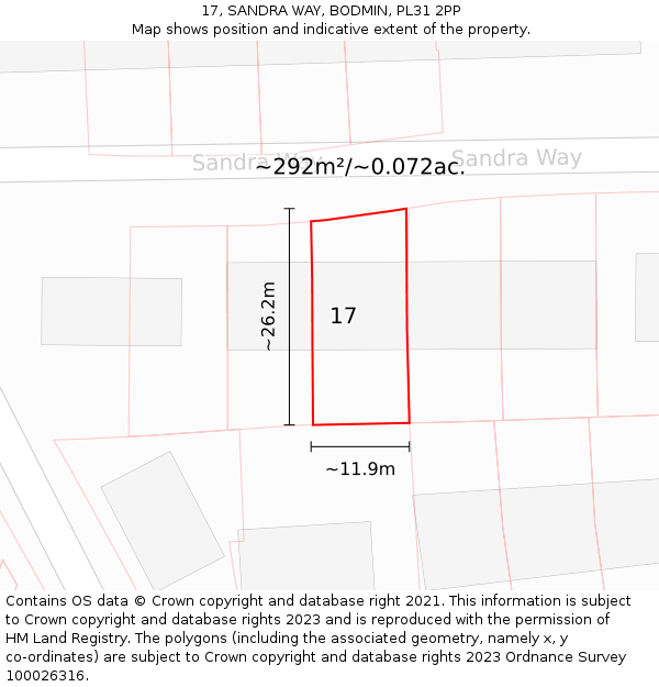 17, SANDRA WAY, BODMIN, PL31 2PP: Plot and title map