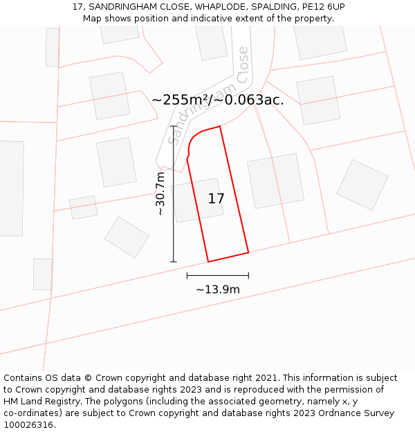 17, SANDRINGHAM CLOSE, WHAPLODE, SPALDING, PE12 6UP: Plot and title map