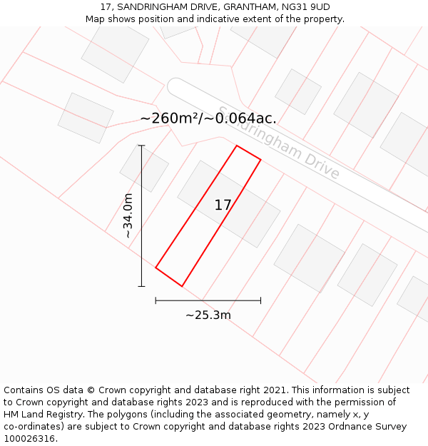 17, SANDRINGHAM DRIVE, GRANTHAM, NG31 9UD: Plot and title map