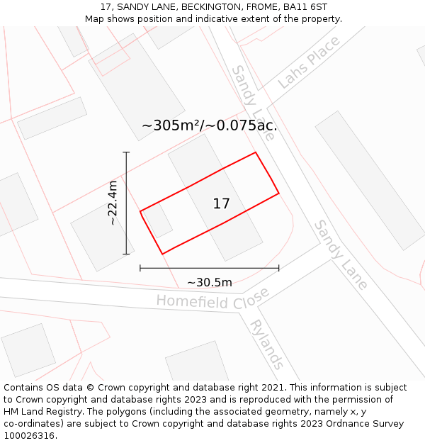17, SANDY LANE, BECKINGTON, FROME, BA11 6ST: Plot and title map