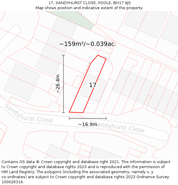 17, SANDYHURST CLOSE, POOLE, BH17 9JS: Plot and title map
