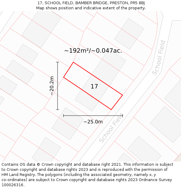 17, SCHOOL FIELD, BAMBER BRIDGE, PRESTON, PR5 8BJ: Plot and title map