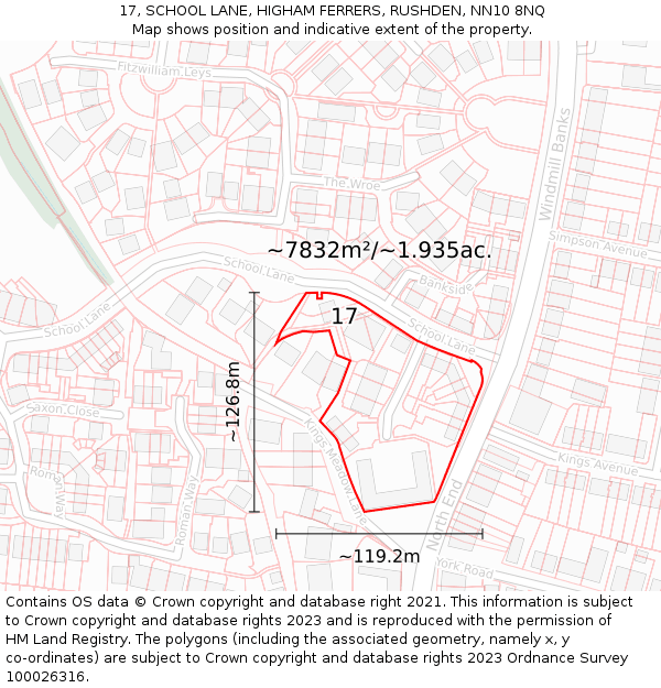 17, SCHOOL LANE, HIGHAM FERRERS, RUSHDEN, NN10 8NQ: Plot and title map
