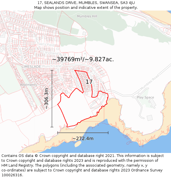 17, SEALANDS DRIVE, MUMBLES, SWANSEA, SA3 4JU: Plot and title map