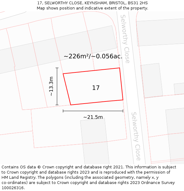 17, SELWORTHY CLOSE, KEYNSHAM, BRISTOL, BS31 2HS: Plot and title map