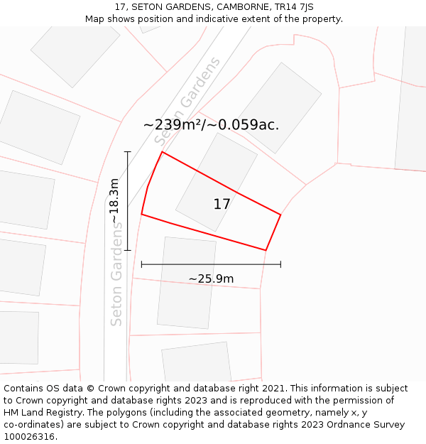 17, SETON GARDENS, CAMBORNE, TR14 7JS: Plot and title map
