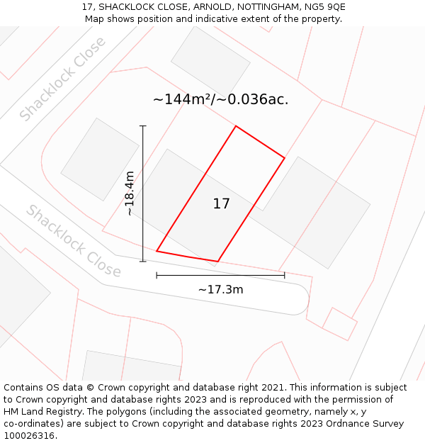 17, SHACKLOCK CLOSE, ARNOLD, NOTTINGHAM, NG5 9QE: Plot and title map