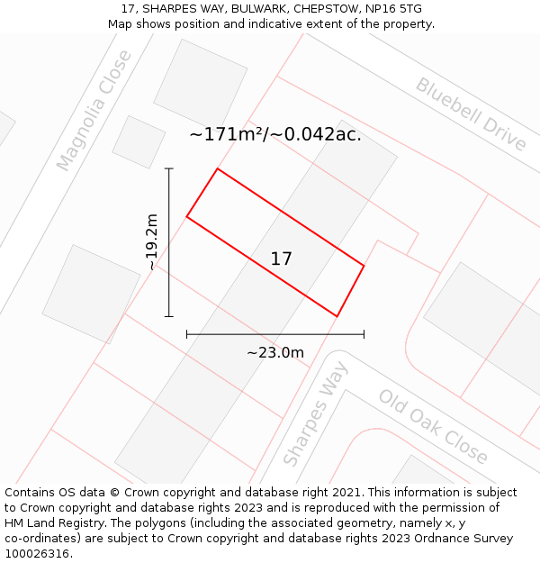 17, SHARPES WAY, BULWARK, CHEPSTOW, NP16 5TG: Plot and title map