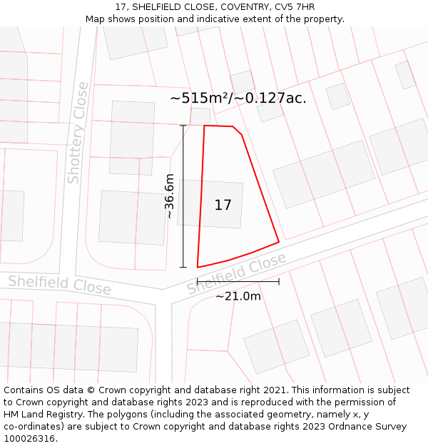 17, SHELFIELD CLOSE, COVENTRY, CV5 7HR: Plot and title map